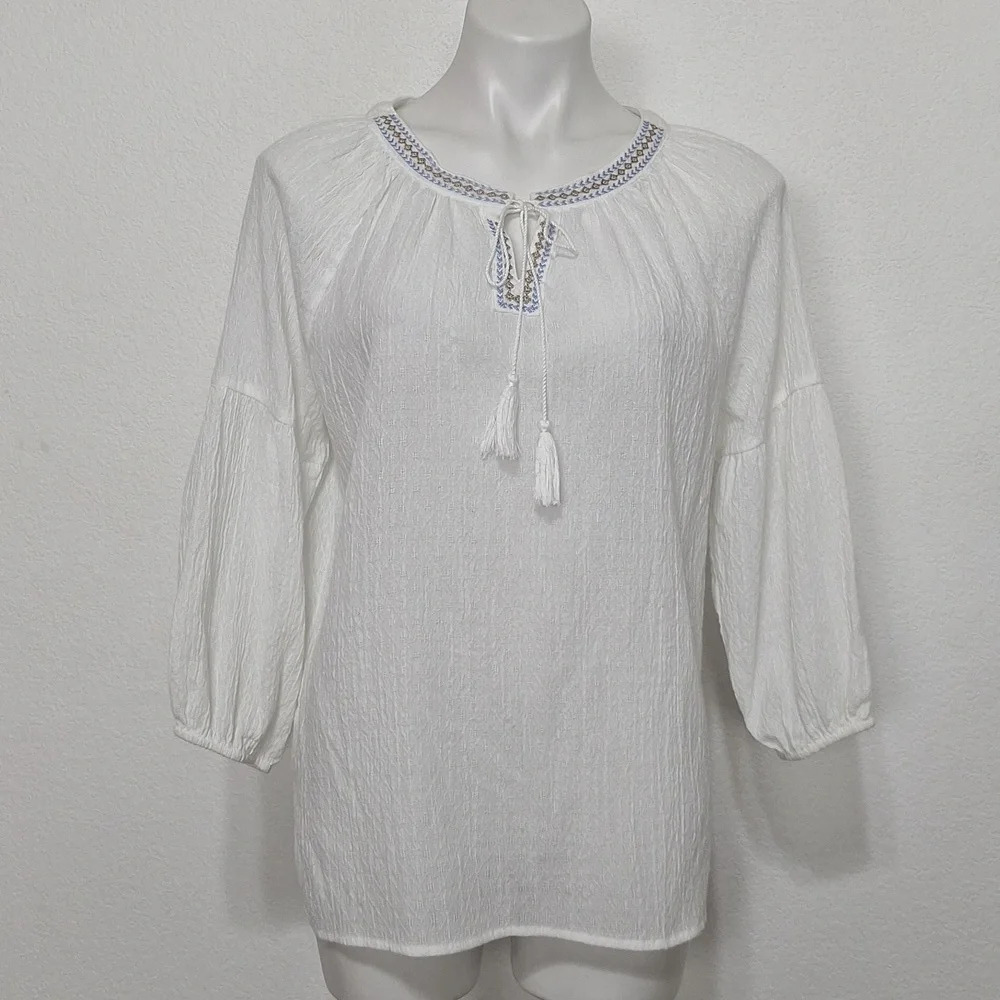 Ruby Rd Bohemian Embroidered Tassel Tie Balloon Sleeve Peasant Boho Hippie Top M